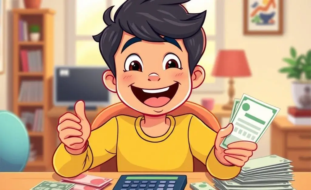 Cartoon person happily budgeting with various bills and a calculator on the table