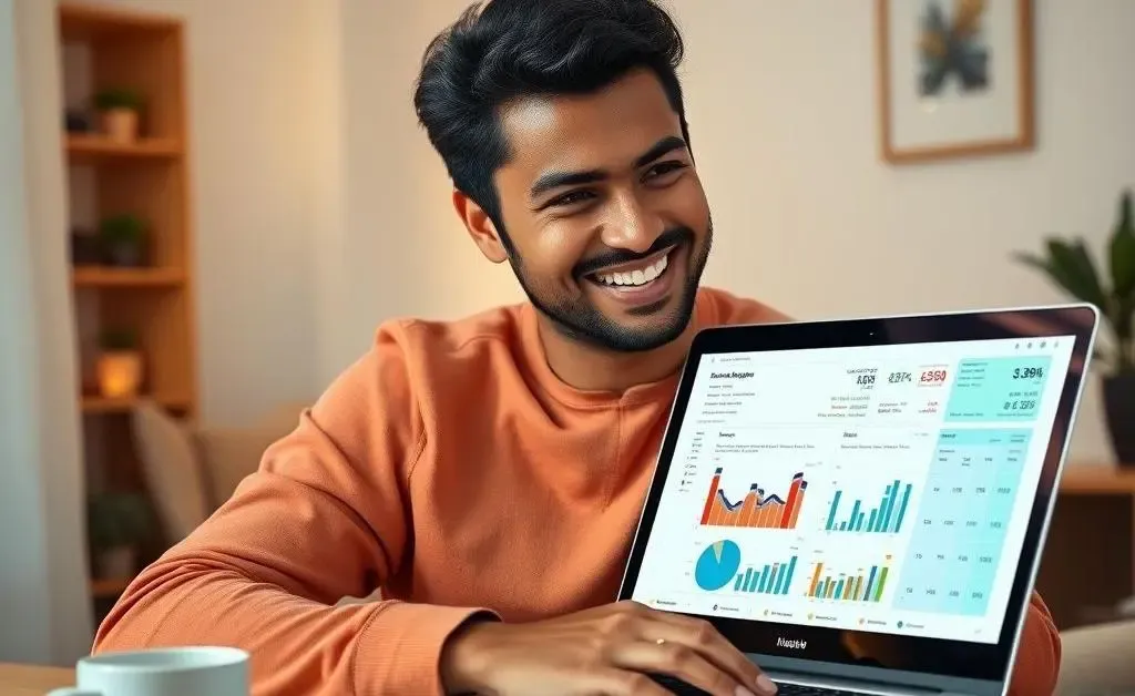 A person happily looking at their budget