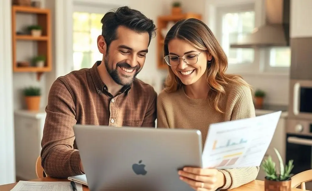 A smiling couple working together on a laptop, enjoying budgeting.