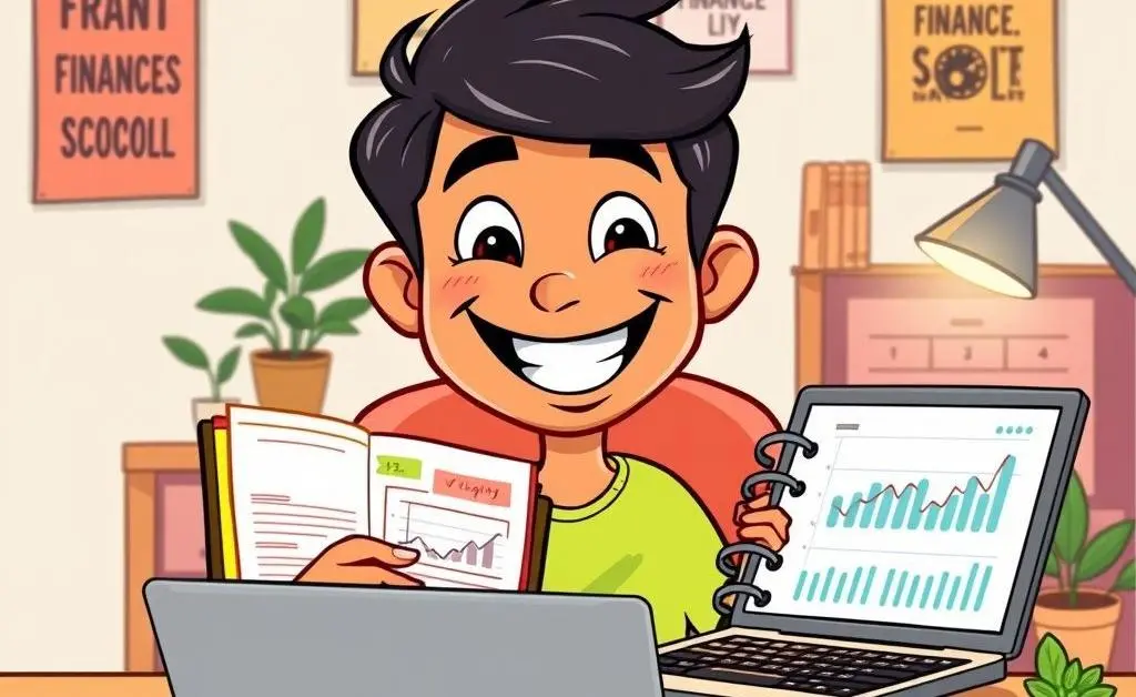 Cartoon of a person smiling while organizing finances with a planner and laptop.