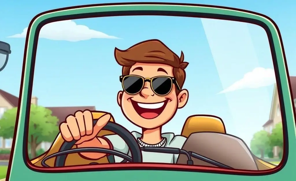 A cartoon-style image of a happy person driving their newly purchased used car, with a big smile.