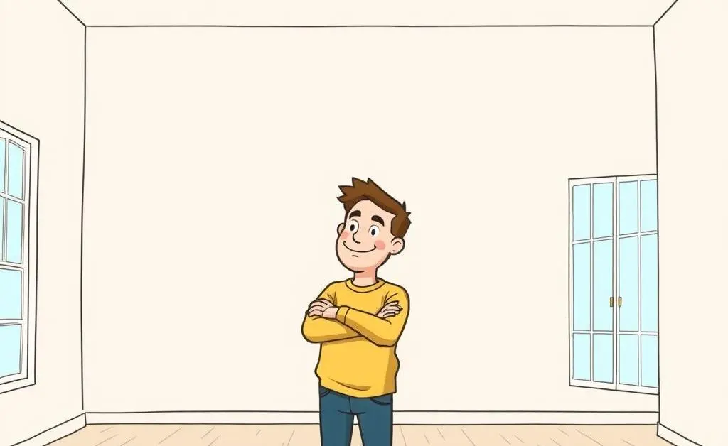 Cartoon of a happy home buyer standing in an empty house, contemplating space and layout.