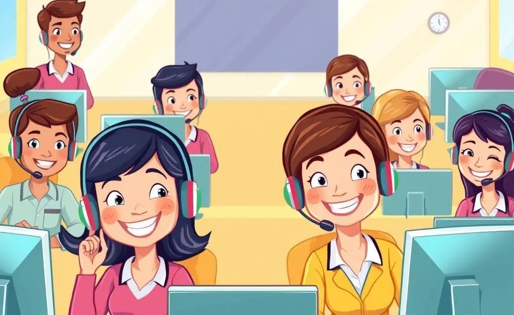 A cartoon-style image of a friendly customer service call center with smiling agents.