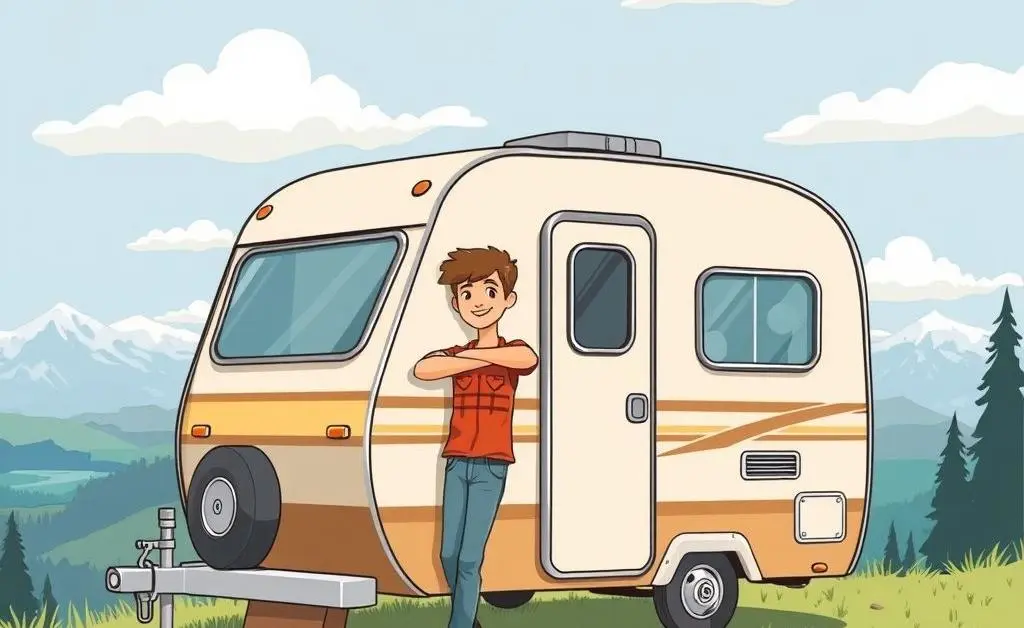 A modern illustration of a happy traveler leaning on their camper.