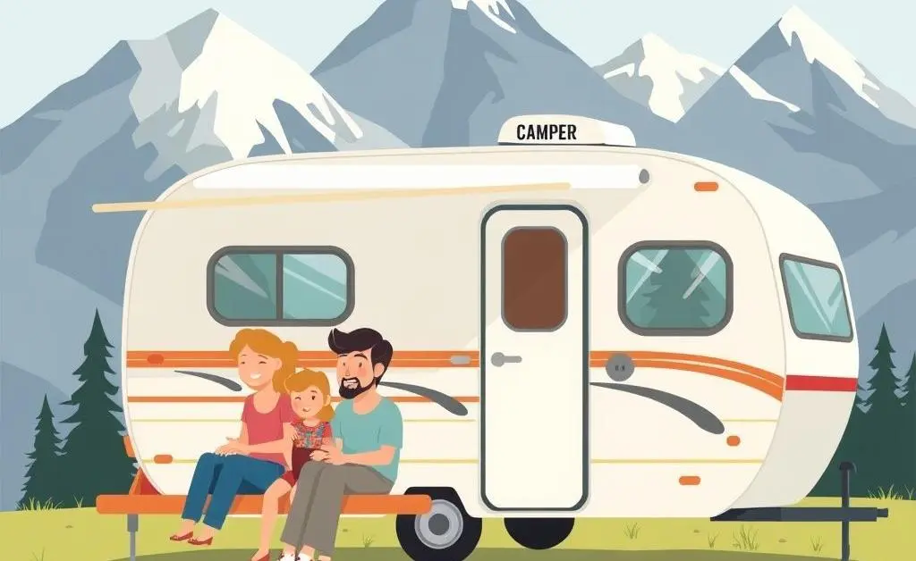 Family enjoying their camper trip with mountains in the background.