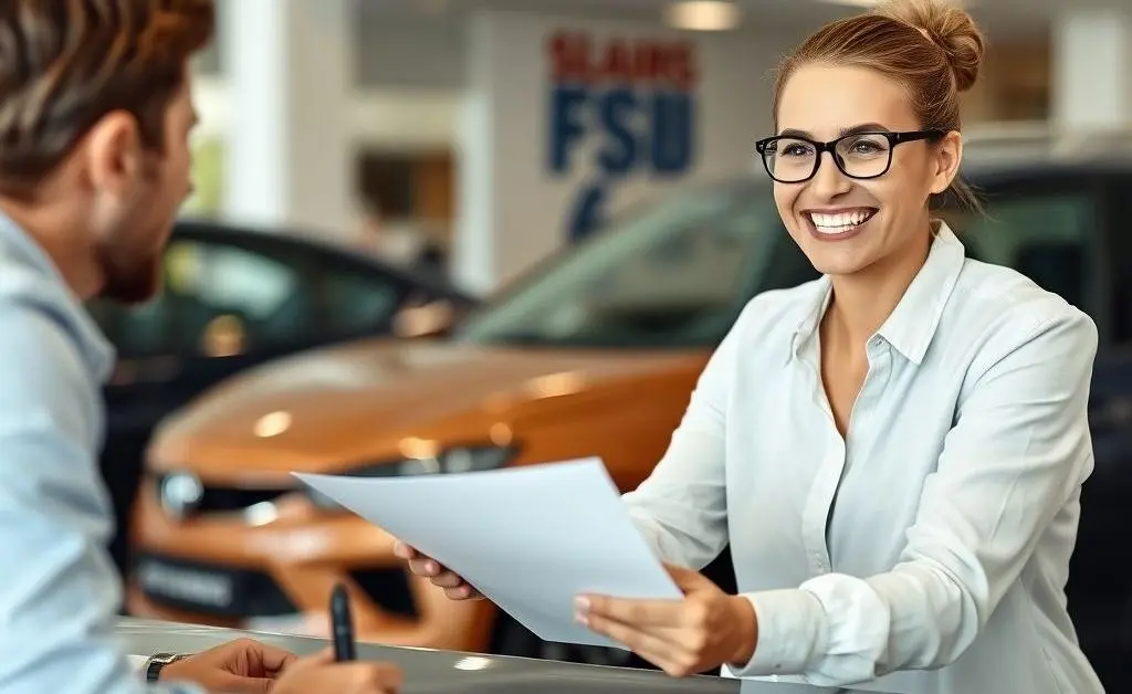 A happy car buyer at a dealership