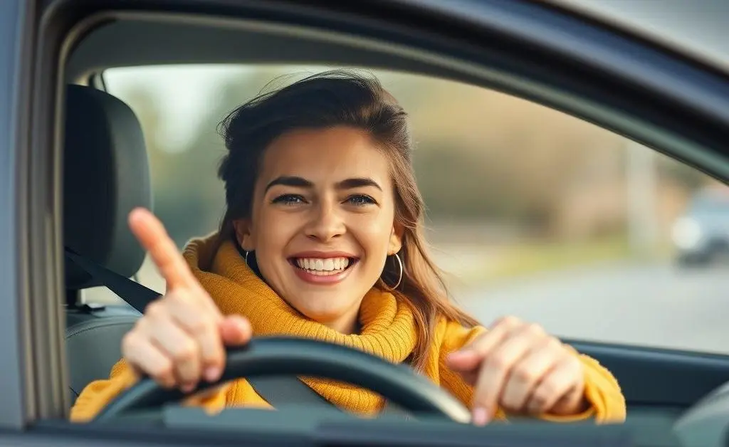 A person driving a car, feeling happy with their insurance choice.