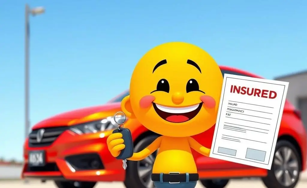 A smiling cartoon character holding a car key and an insurance policy document, standing next to their newly insured car.