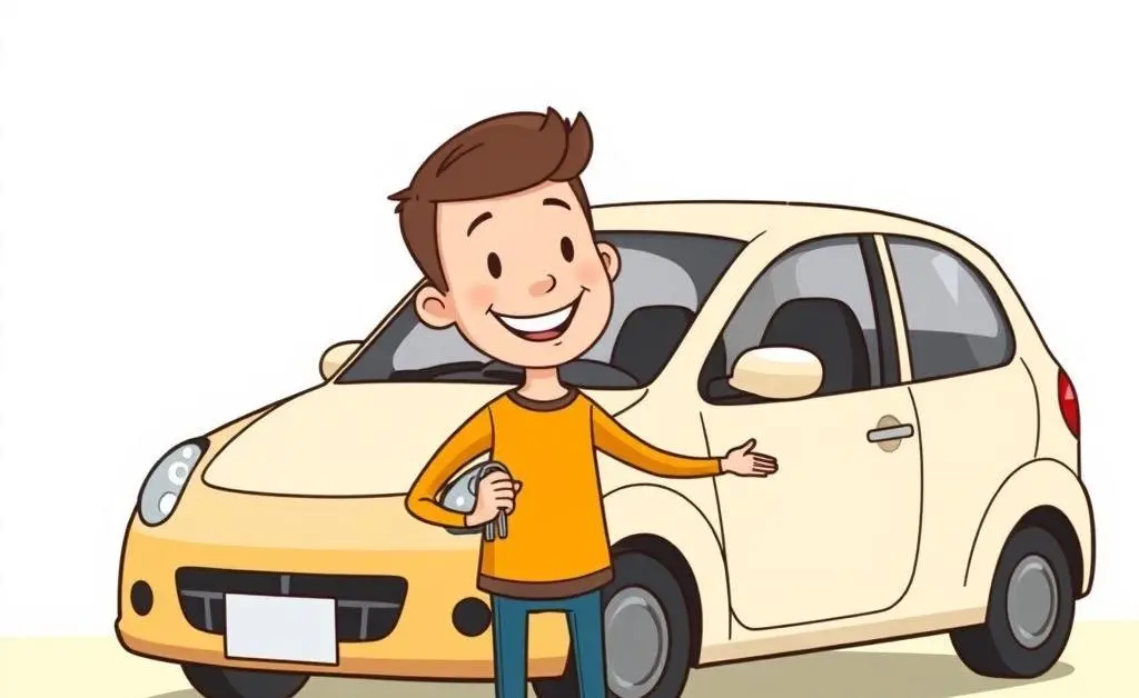 A cartoon of a happy person standing next to their car, holding a set of keys.