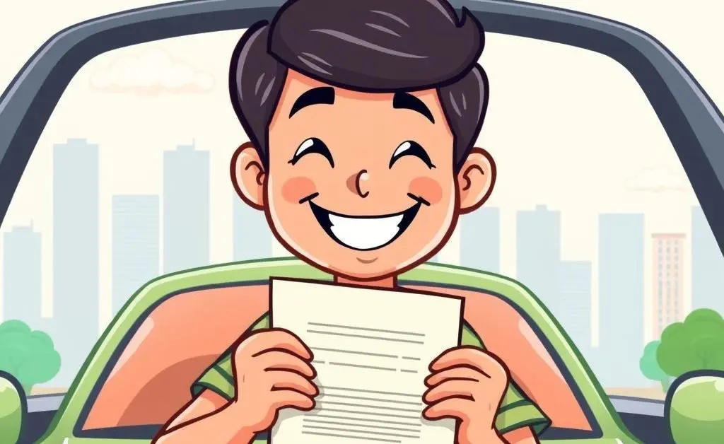 A smiling car owner holding a document, symbolizing resolution.