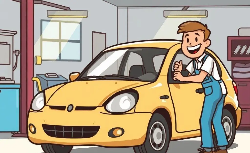 A mechanic fixing the dent in a car.