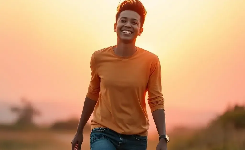 A smiling person walking confidently towards sunrise, symbolizing a new beginning.