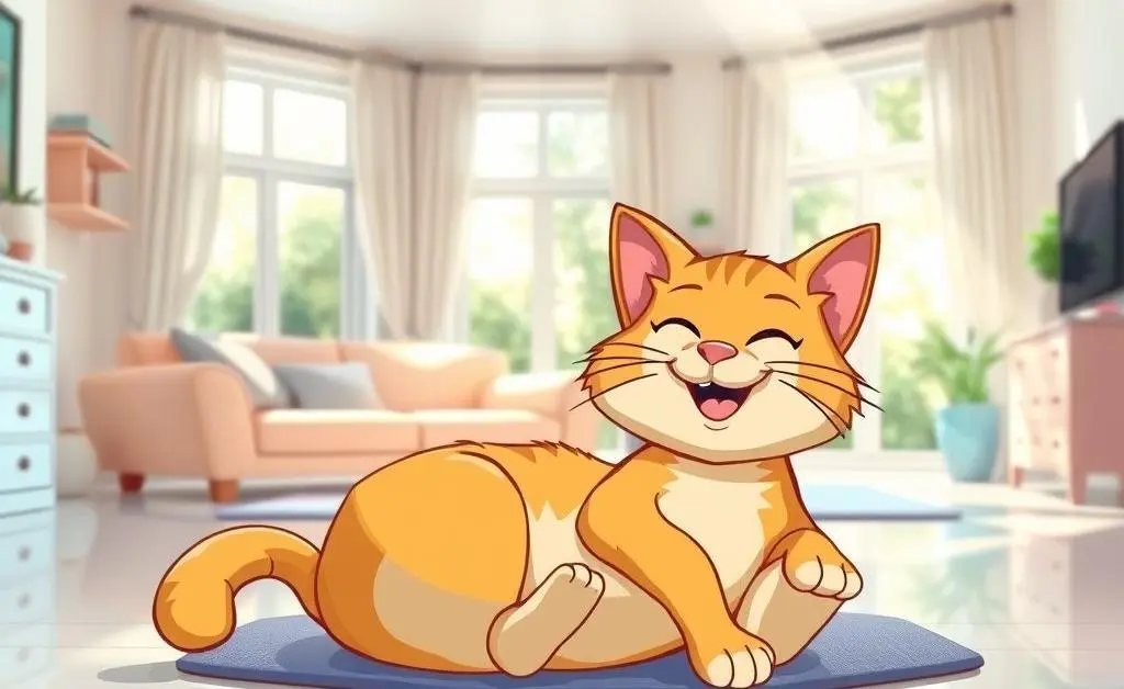 Happy cartoon cat lounging in a sparkling clean home, signifying success over odors.