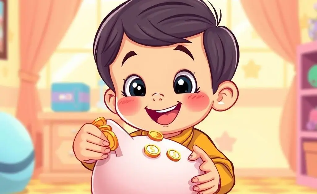 A joyful child saving money in a piggy bank