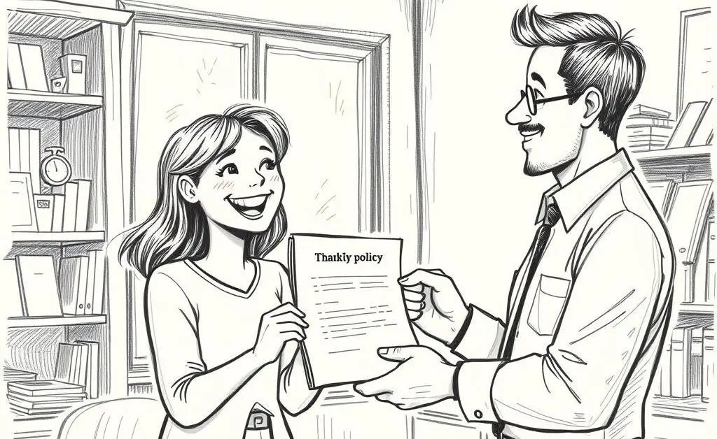 Happy client receiving an insurance policy from an underwriter.