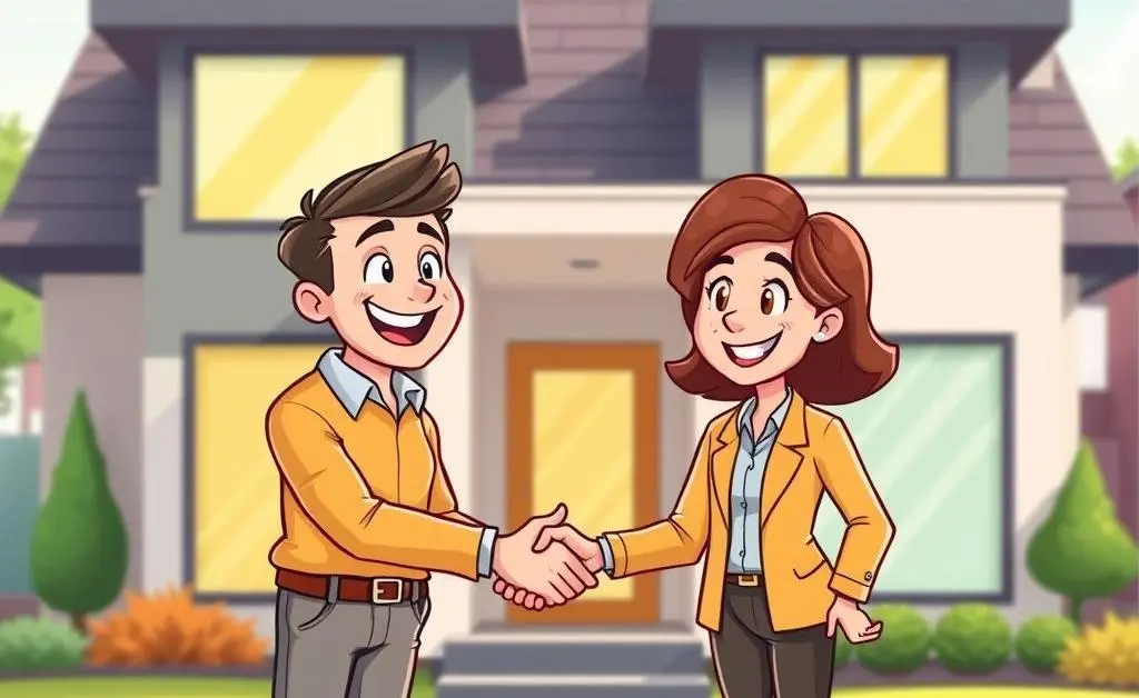 A happy client shaking hands with a real estate agent in front of a home.