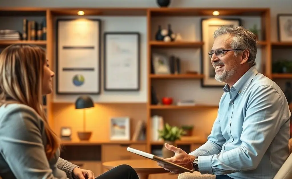 An image of a financial planner smiling and discussing with a client at a cozy office.