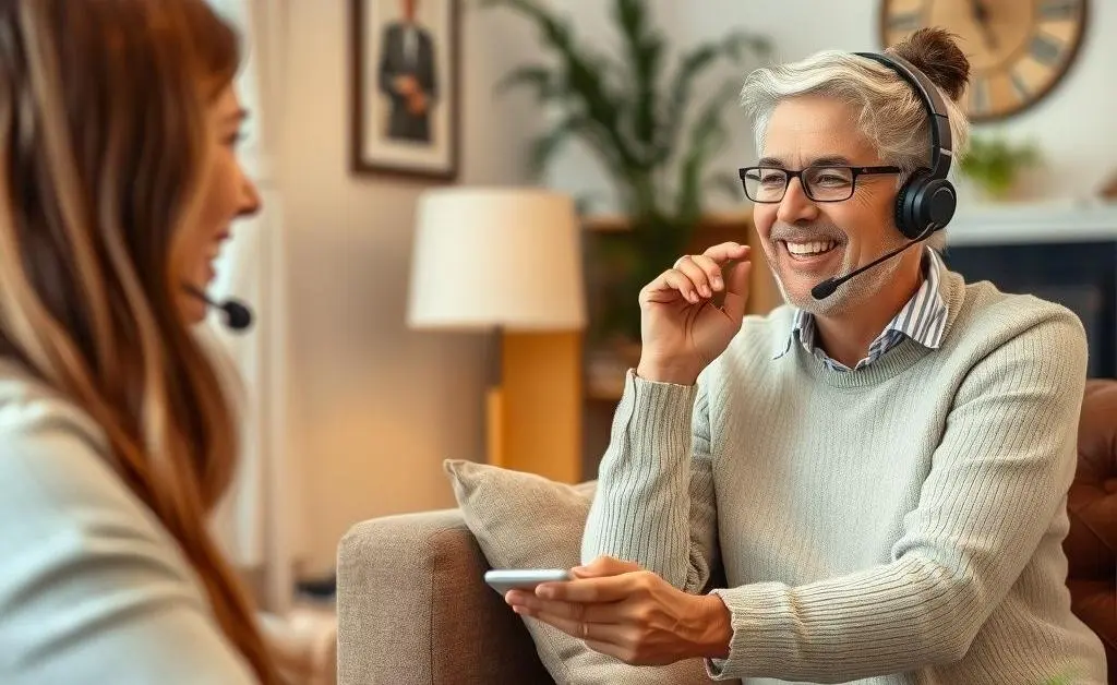 A happy client talking to a customer service representative on the phone.