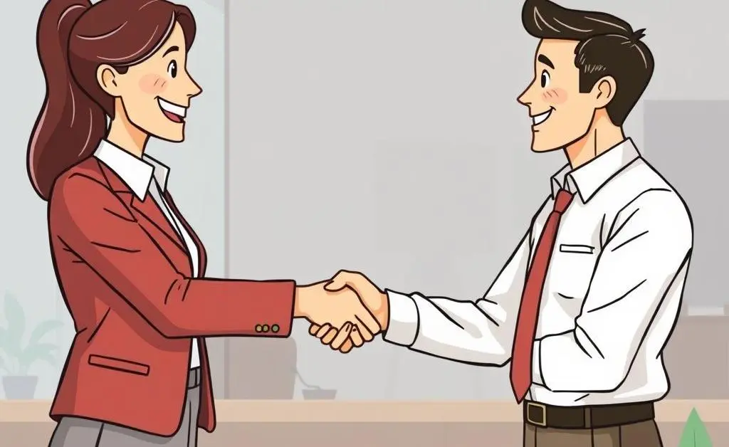 Illustration of a person happily shaking hands with a financial advisor in an office setting