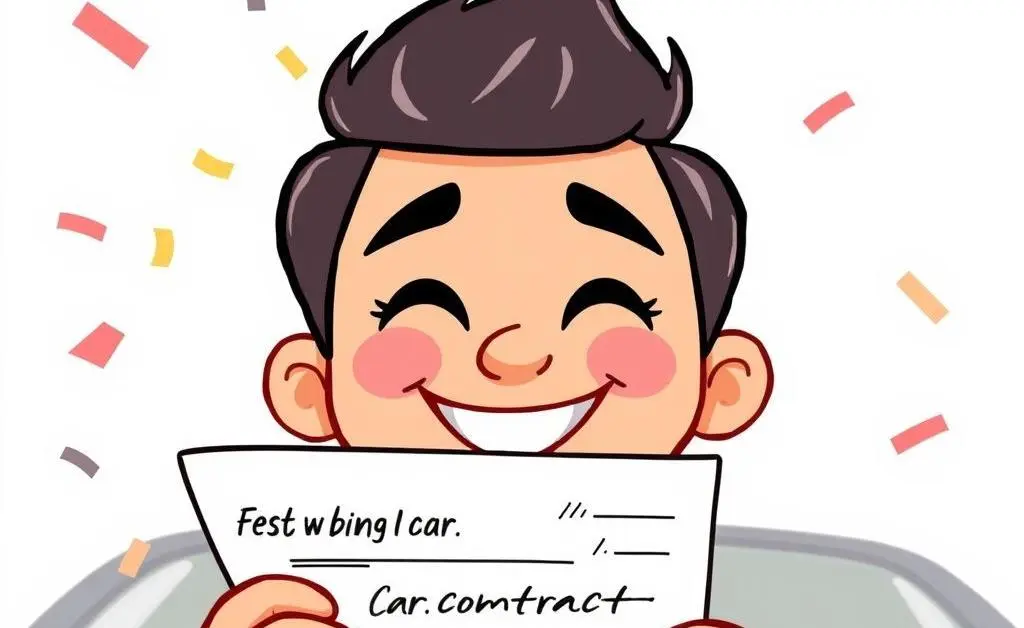 Illustration of a person happily holding a car sales contract