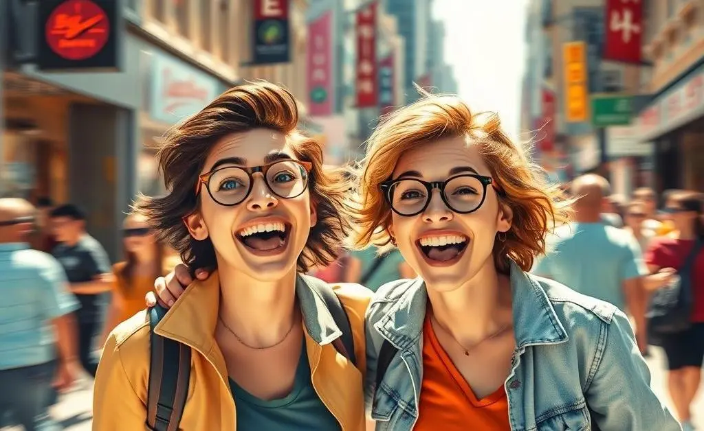 Illustration of two people bumping into each other unexpectedly and smiling.