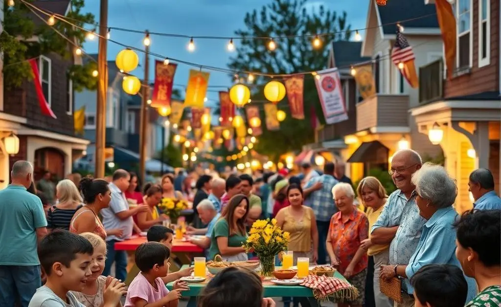 Neighborhood block party with families and retirees interacting.