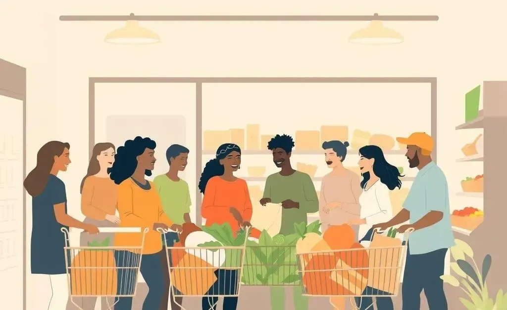 Minimalist drawing of a community gathering at a local grocery store.