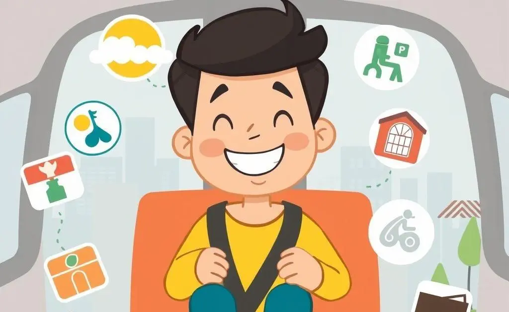 A cartoon-style scene of a happy person commuting peacefully with different commuting style icons.