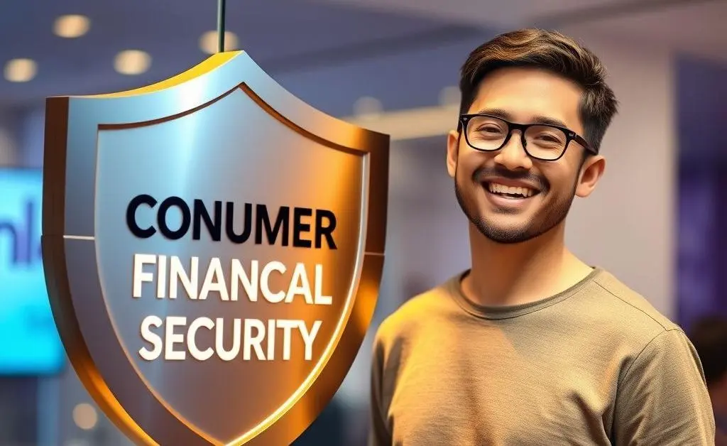 A happy consumer standing beside a shield icon, representing consumer financial protection.