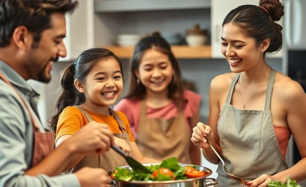 A family smiling and cooking together in a warm kitchen setting.