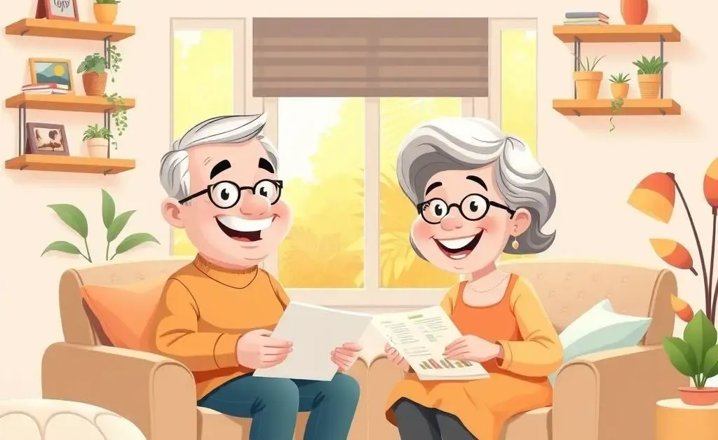A cartoon-style illustration of a smiling retired couple planning their budget in a cozy living room.
