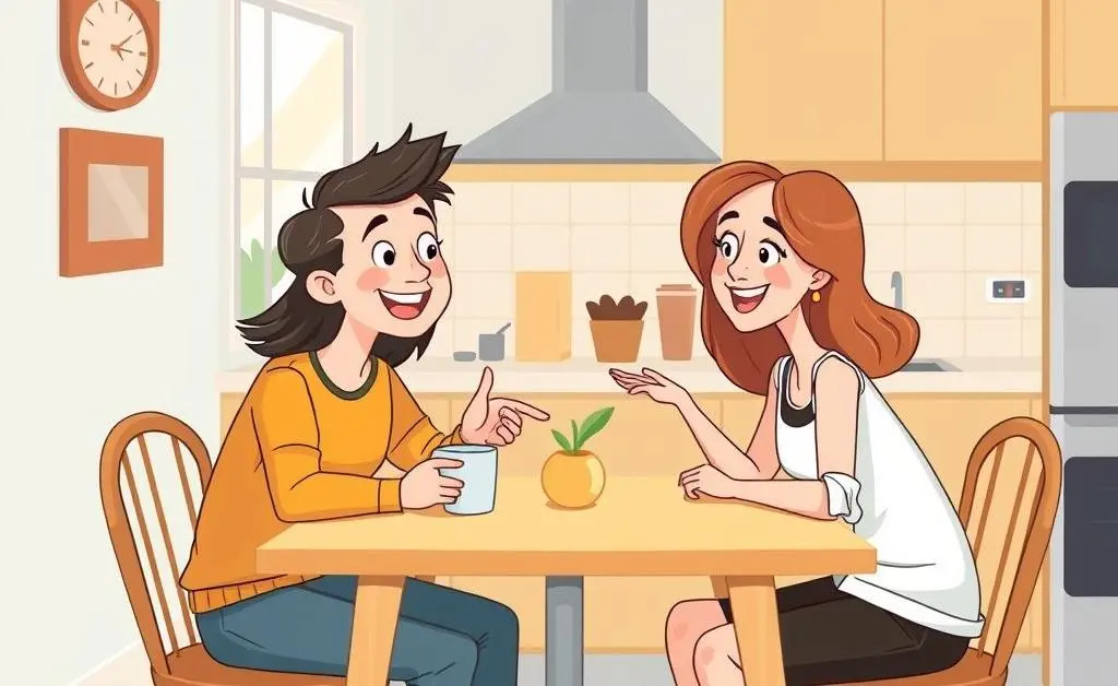 A happy couple discussing finances over coffee