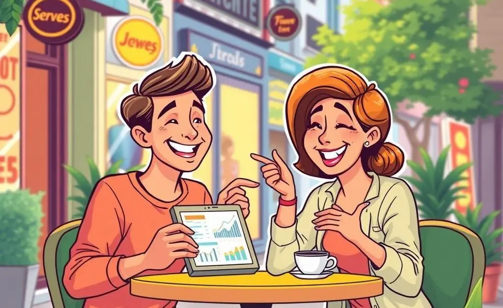 A cartoon-style illustration of a happy couple discussing investment options over coffee.
