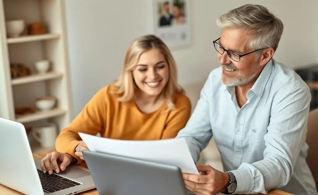 A couple happily planning their finances