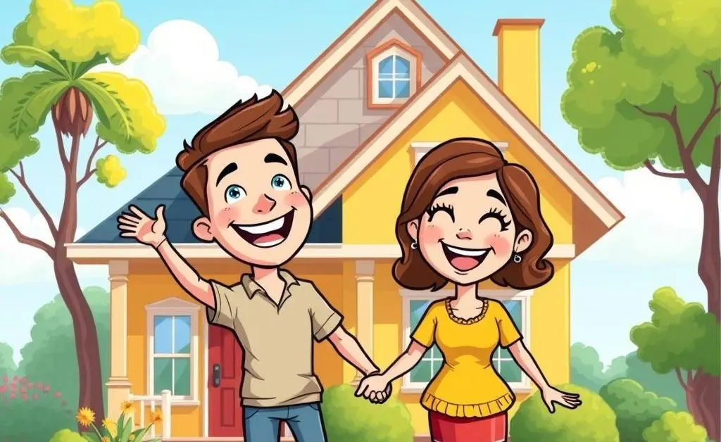 A cartoon of a happy couple finding a new home, looking relieved and cheerful