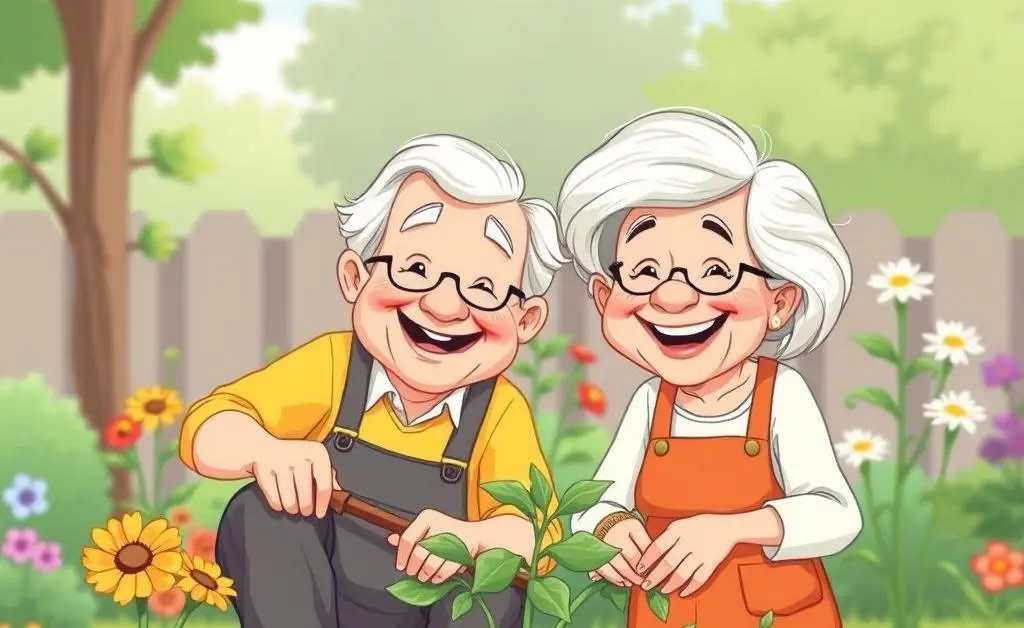 Cartoon-style image of a happy elderly couple gardening together.