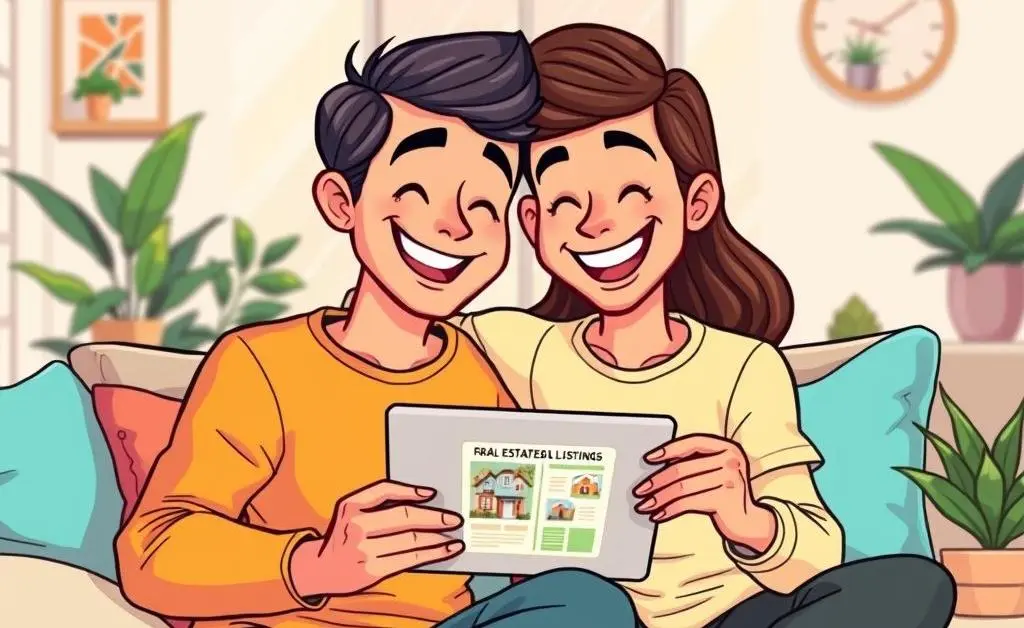 Cartoon of a happy couple looking at house listings on a tablet.