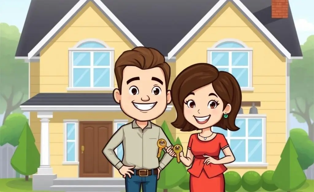 Cartoon of a happy couple in front of a new house.