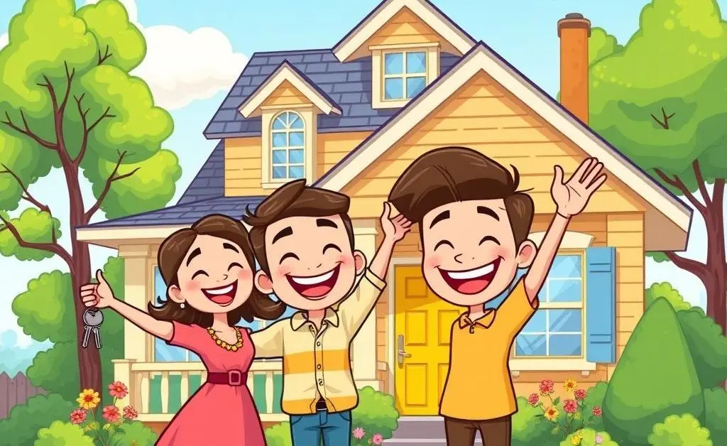 A happy couple celebrating outside their new house