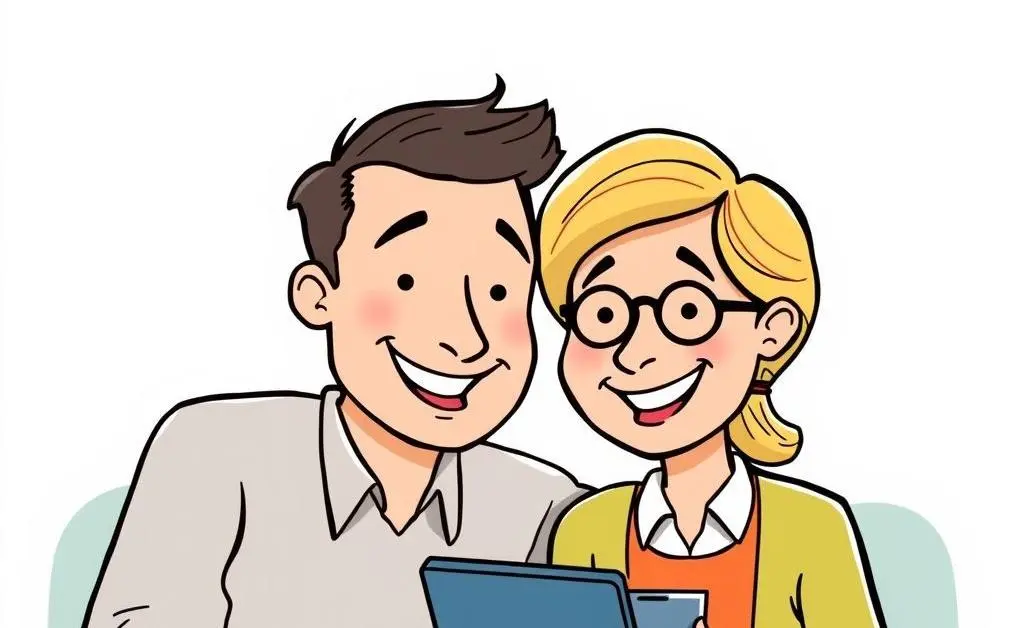 A cartoon of a happy couple consulting with a financial advisor through a smartphone.