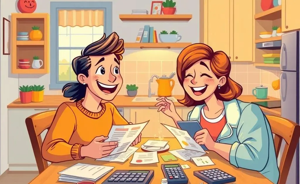 A cartoon image of a cheerful couple discussing finances at their kitchen table surrounded by papers and calculators.