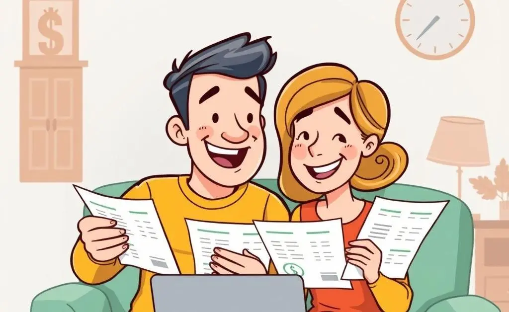 A couple happily reviewing their finances together