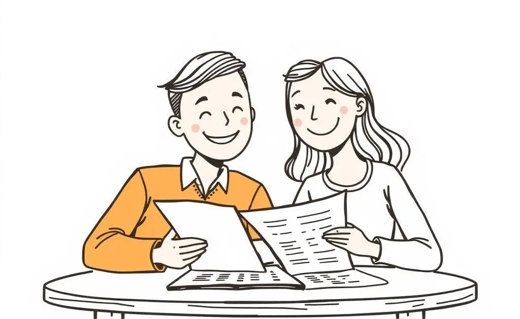 A happy couple reviewing finances