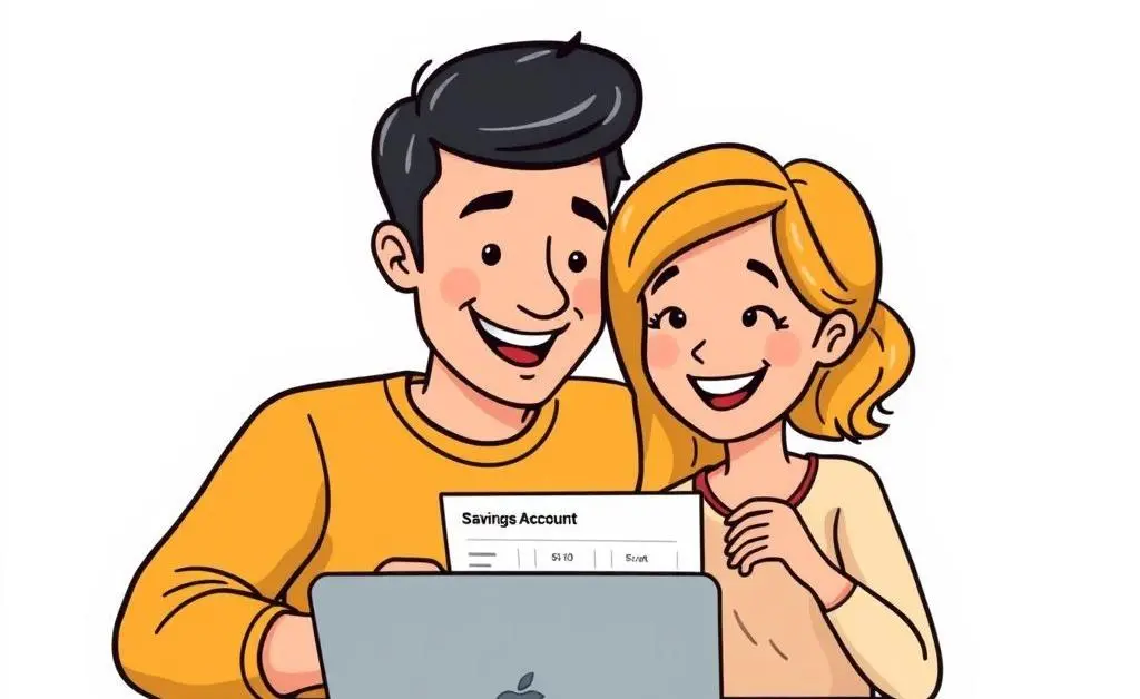 Happy couple reviewing their savings on laptop