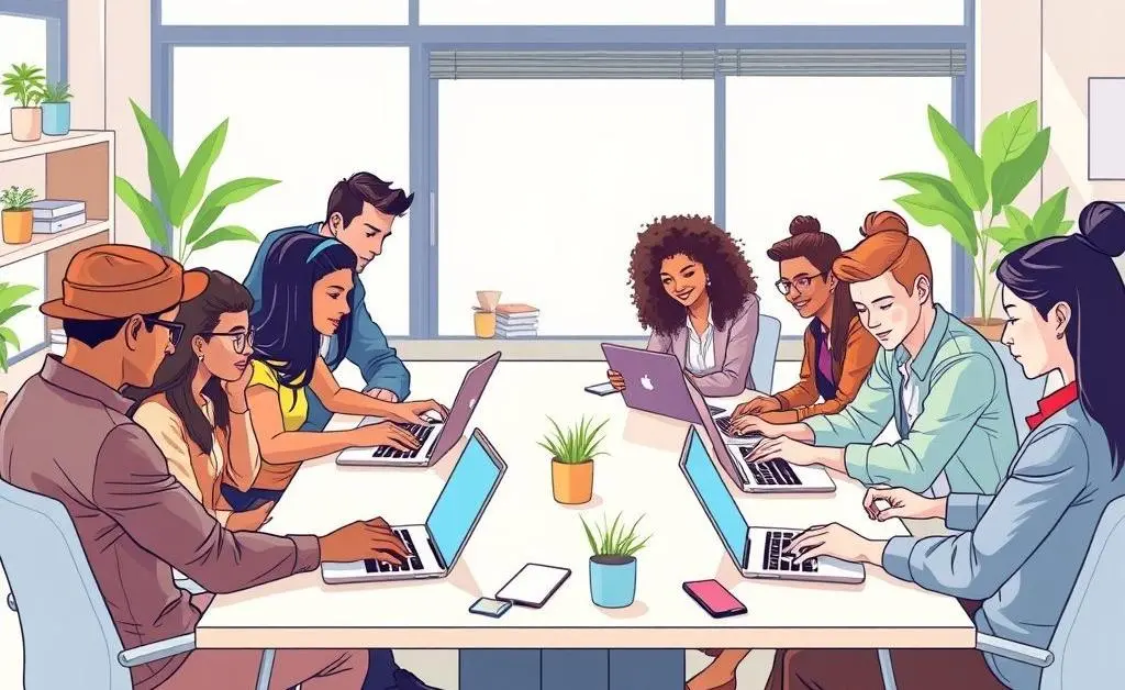 Illustration of diverse coworkers collaborating around a table with laptops