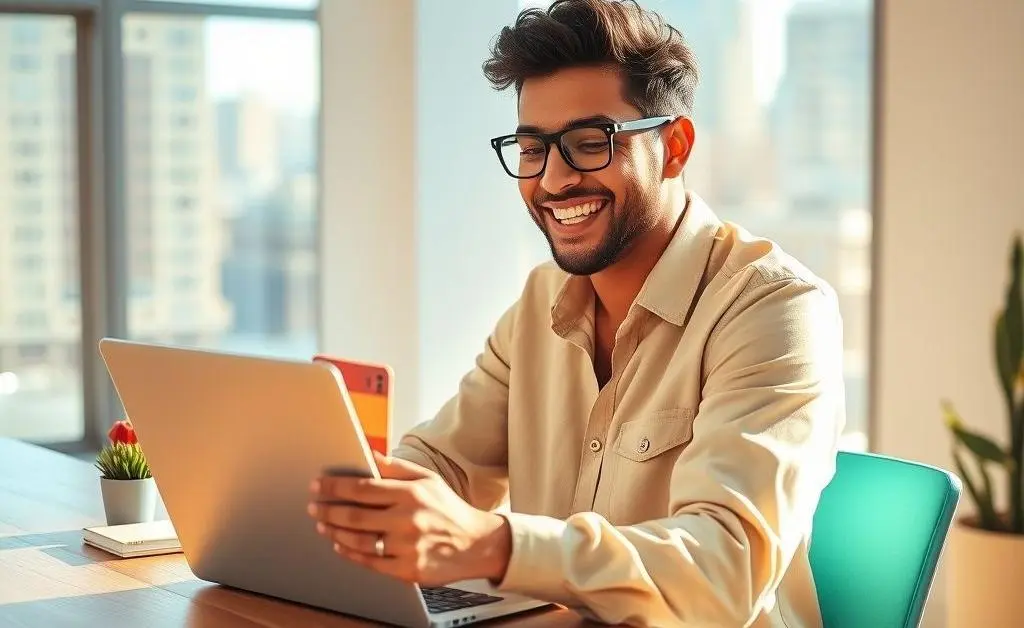 A person happily filling out a credit card application