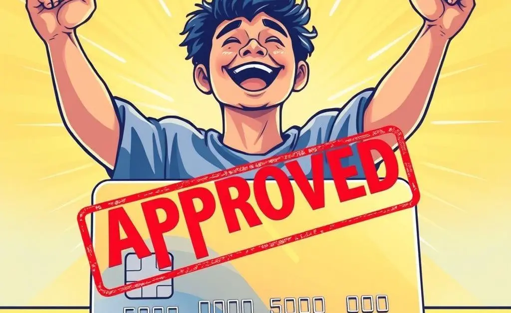 Illustration of a person joyfully raising their arms with a large 'Approved' stamp on a credit card.