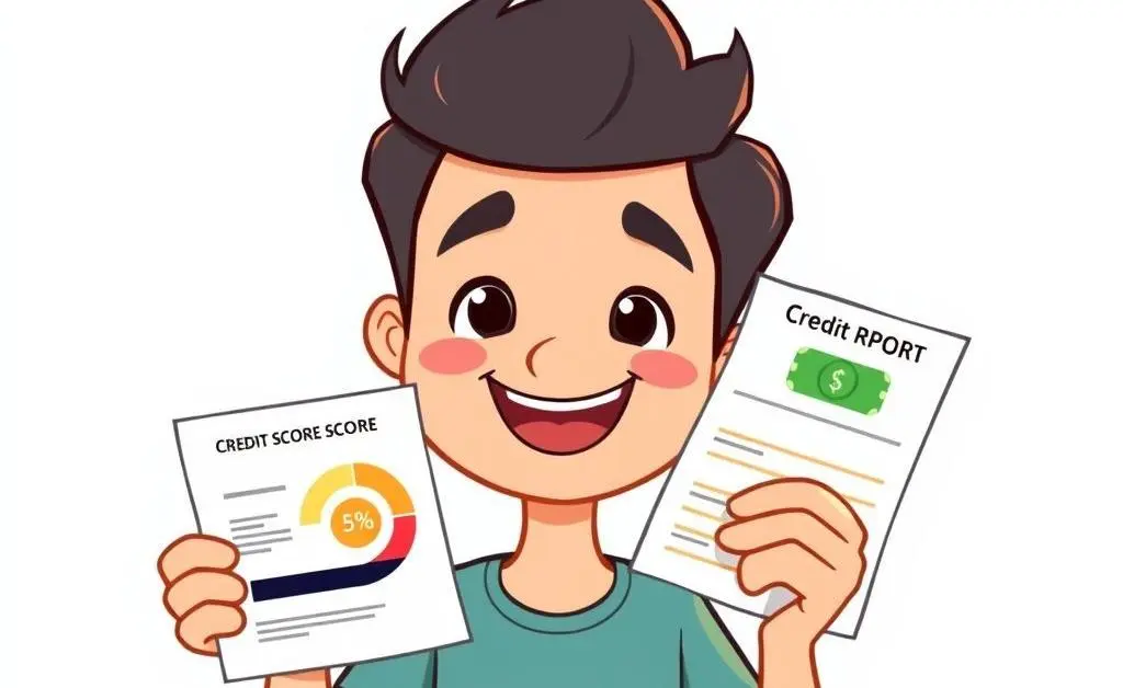 A cartoon style image of a happy person holding a credit score report showing high score