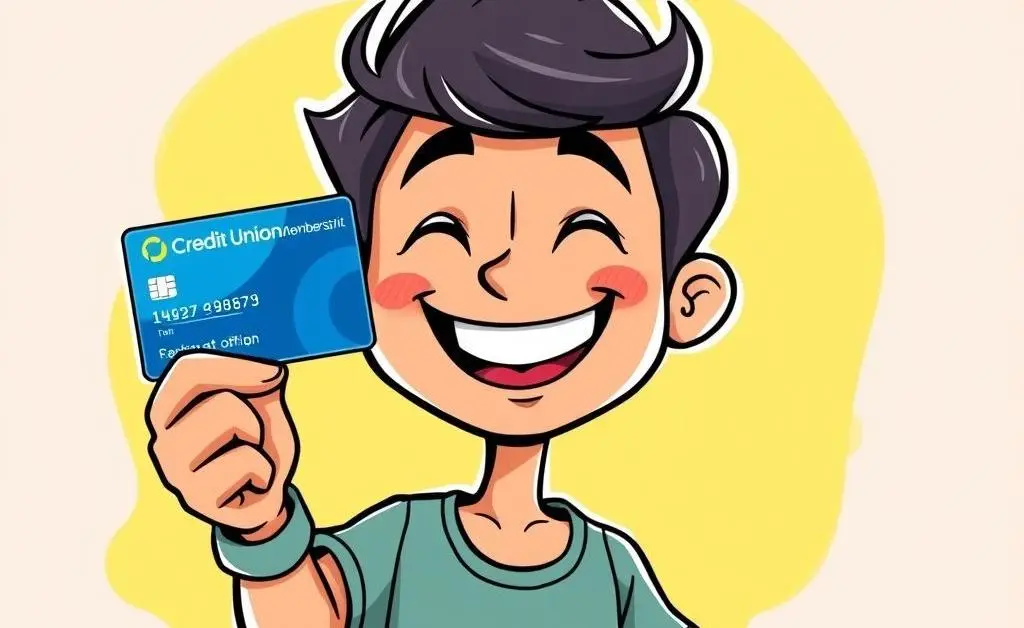 A cartoon of a cheerful person holding a credit union card.