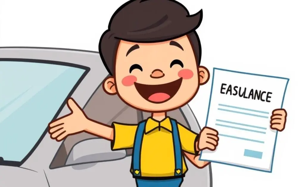 A joyful cartoon person holding a car insurance policy, standing next to a car.
